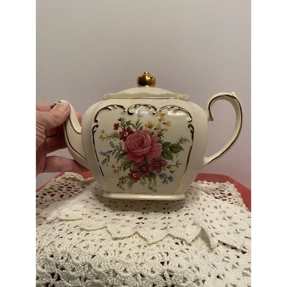 Vintage Sadler England Cube Teapot #2097 Rose Flowers Gold Trim‎